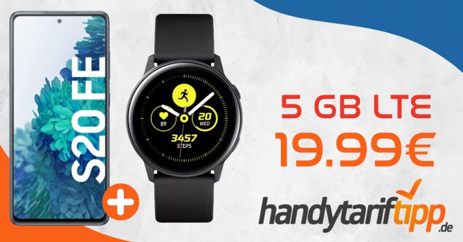 Tagesdeal! Samsung Galaxy S20 FE & SAMSUNG Galaxy Watch Active mit 5 GB LTE nur 19,99€ monatlich – nur 29 Euro einmalige Zuzahlung