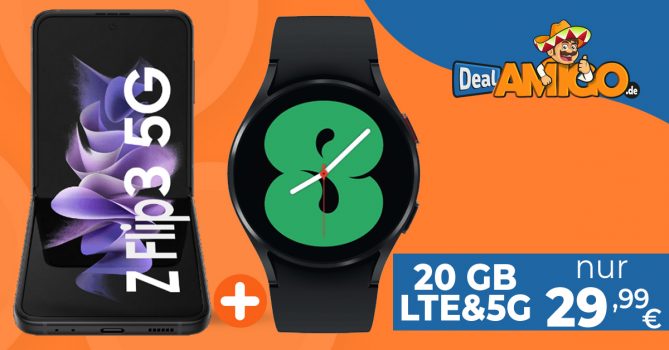 Samsung Galaxy Z Flip3 5G & Samsung Galaxy Watch4 & 100€ Wechselbonus mit 20GB LTE&5G nur 29,99€ monatlich