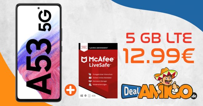 Samsung Galaxy A53 5G & McAfee LiveSafe Attach mit 5GB LTE nur 12,99€ monatlich