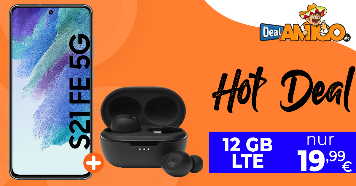 HOT DEAL! Samsung Galaxy S21 FE 5G & JBL Tune 115 TWS mit 12GB LTE nur 19,99 Euro monatlich – nur 1 Euro Zuzahlung. 