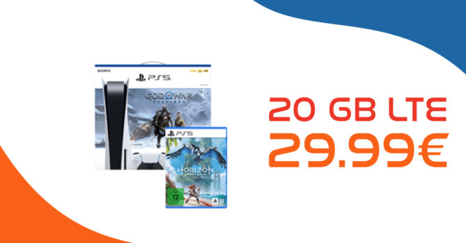Sony Playstation 5 + God of War: Ragnarök + Horizon Forbidden West für einmalig 179 Euro mit 20GB LTE/5G & 100€ Wechselbonus nur 29,99 Euro monatlich