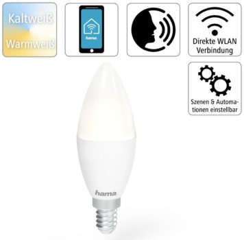 Hama LED-Lampe WLAN, E14, 5,5 W, EEK: F, 470 lm, weiß, dimmbar nur 3,95 Euro