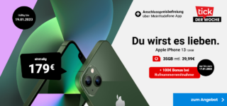 Apple iPhone 13 für einmalig 179 Euro mit 100€ Wechselbonus & 35 GB 5GLTE für nur 39,99 Euro monatlich