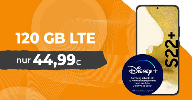 Samsung Galaxy S22+ (S22Plus) & 100 € Wechsel-Bonus & 12 Monate Disney+ mit 120GB LTE5G für 44,99 Euro monatlich - nur 29 Euro Zuzahlung