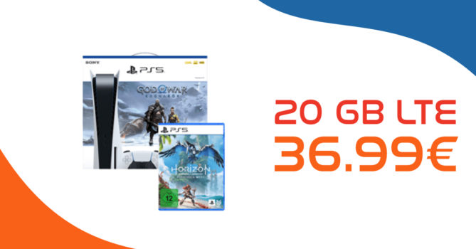 Sony Playstation 5 + God of War Ragnarök + Horizon Forbidden West & 50€ Wechselbonus mit 20GB LTE nur 36,99 Euro monatlich