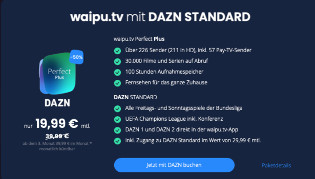 waipu.tv und DAZN: 2 Monate nur 19,99 € für Perfect Plus mit DAZN Standard