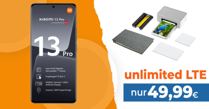 Xiaomi 13 Pro 5G & Xiaomi Instant Photo-Printer 1S Set für einmalig 69 Euro mit unlimited LTE5G für 49,99 Euro monatlich