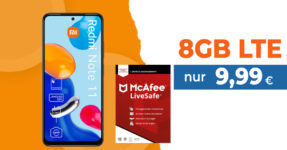 Xiaomi Redmi Note 11 & 30€ Wechselbonus & McAfee LiveSafe Attach mit 8GB LTE nur 9,99 Euro monatlich - nur 1 Euro Zuzahlung