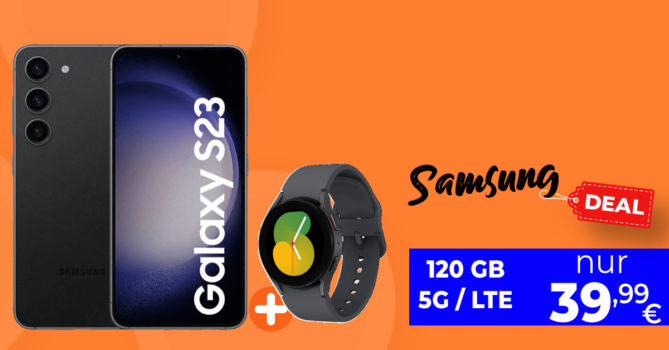 Samsung Galaxy S23 5G & Samsung Galaxy Watch5 für einmalig 111 Euro mit 120 GB LTE5G nur 39,99 Euro monatlich