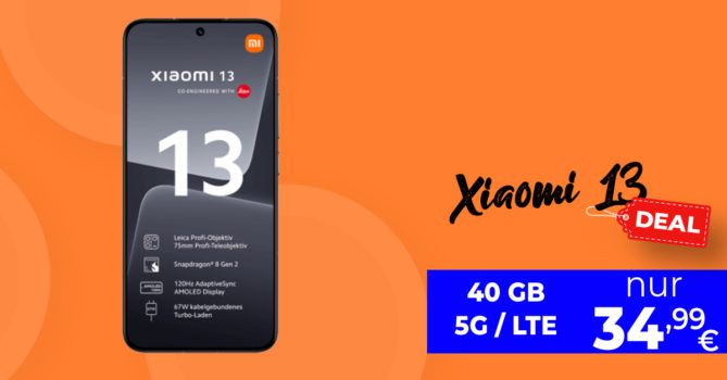 Xiaomi 13 5G & Xiaomi Instant Photo-Printer 1S Set für einmalig 29 Euro mit 40GB LTE5G nur 34,99 Euro monatlich