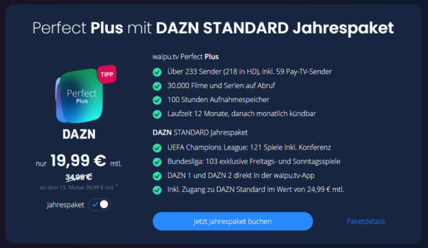waipu.tv und DAZN: 12 Monate nur 19,99 € für Perfect Plus mit DAZN Standard
