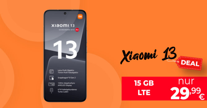 Xiaomi 13 5G für einmalig 69 Euro mit 50€ Wechselbonus und 15GB LTE nur 29,99 Euro monatlich
