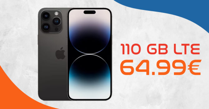Apple iPhone 14 Pro Max 128 GB für einmalig 149,95 Euro mit 110 GB 5GLTE für 64,99 Euro monatlich