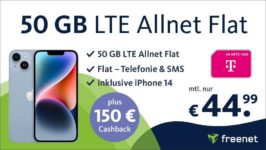 Apple iPhone 14 mit 50GB LTE & 150€ Cashback nur 44,99 Euro monatlich - nur 49 Euro Zuzahlung