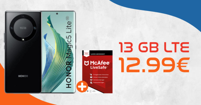 Honor Magic 5 Lite 5G & 30€ Wechselbonus mit 13GB LTE nur 12,99 Euro monatlich - nur 1 Euro Zuzahlung