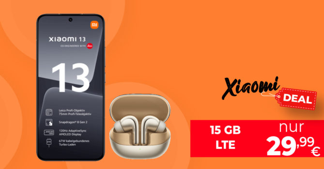 Xiaomi 13 & Xiaomi Xiaomi Buds 4 Pro für einmalig 79 Euro mit 50€ Wechselbonus und 15GB LTE nur 29,99 Euro monatlich