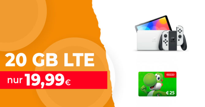 Nintendo SWITCH OLED WEISS & Nintendo 25 Euro eShop Gutschein mit 50€ Wechselbonus und 20GB LTE nur 19,99 Euro monatlich