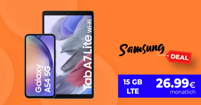 Samsung Galaxy A54 & Galaxy Tab A7 Lite mit 15GB LTE nur 26,99 Euro monatlich - nur 25 Euro Zuzahlung und kein Anschlusspreis