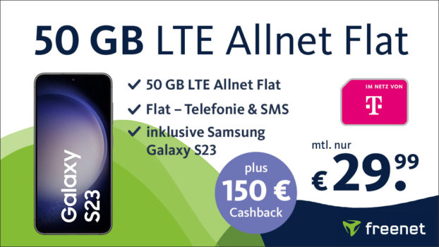 50 GB LTE Telekom Allnet Flat mit Samsung Galaxy S23 für einmalig 179,99 Euro mit 150€ Cashback für nur 29,99 Euro monatlich