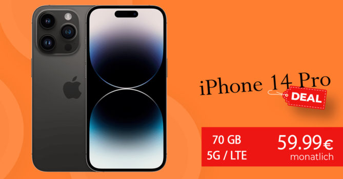 Apple iPhone 14 Pro für einmalig nur 49 Euro & 50€ Wechselbonus mit 70GB LTE5G nur 59,99 Euro monatlich