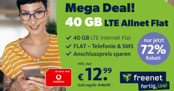 40GB LTE Vodafone Allnet Flat für 12,99 Euro monatlich - Anschlusspreis sparen