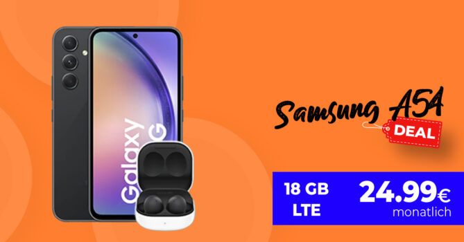 Samsung Galaxy A54 & Galaxy Buds2 mit 18GB LTE nur 24,99 Euro monatlich - nur 1 Euro Zuzahlung und kein Anschlusspreis
