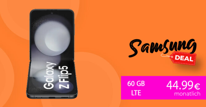 Samsung Galaxy Z Flip5 für einmalig 49 Euro mit 50€ Wechselbonus und 60GB LTE nur 44,99 Euro monatlich