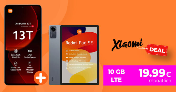 Xiaomi 13T & Redmi Pad SE für einmalig 79,99 Euro mit 10GB LTE nur 19,99 Euro monatlich