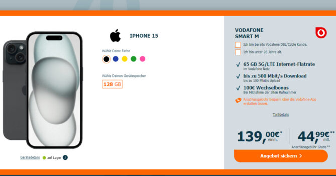 Apple iPhone 15 für einmalig 139 Euro mit 100€ Wechselbonus & 65GB LTE5G nur 44,99 Euro monatlich - mit GigaKombi nur 39,99 Euro und mit 85GB