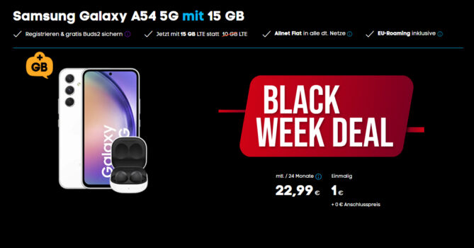 Samsung Galaxy A54 & Samsung Galaxy Buds2 mit 15GB LTE nur 22,99 Euro monatlich - nur 1 Euro Zuzahlung und kein Anschlusspreis