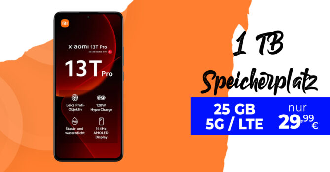 Xiaomi 13T Pro -1TB Speicherplatz- mit 25GB 5GLTE und 100 Euro Wechselbonus nur 29,99 Euro monatlich