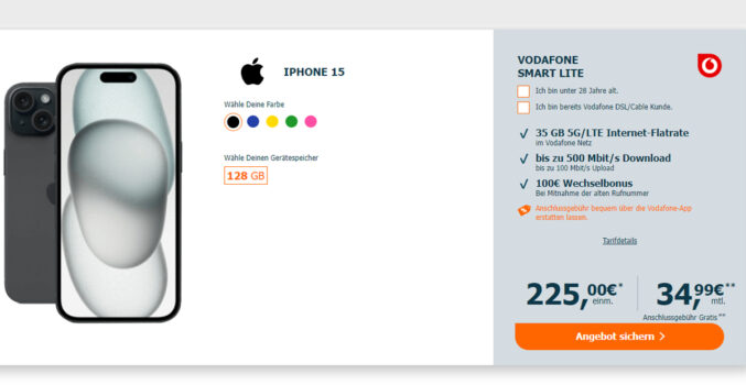 Apple iPhone 15 für einmalig 225 Euro mit 35GB 5GLTE und 100€ Wechselbonus Bei Mitnahme der alten Rufnummer nur 34,99 Euro monatlich - mit GigaKombi nur 29,99 Euro