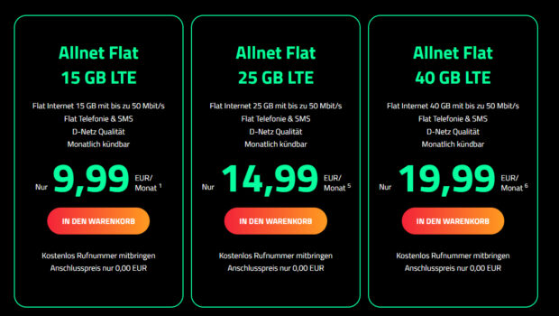 Vodafone Netz & monatlich kündbar – 15GB LTE nur 9,99 Euro – 25GB LTE nur 14,99 Euro und 40GB LTE nur 19,99 Euro monatlich - kein Anschlusspreis