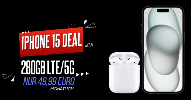 Apple iPhone 15 & Apple AirPods mit Ladecase 2. Gen für einmalig 59 Euro mit 280GB 5GLTE nur 49,99 Euro monatlich