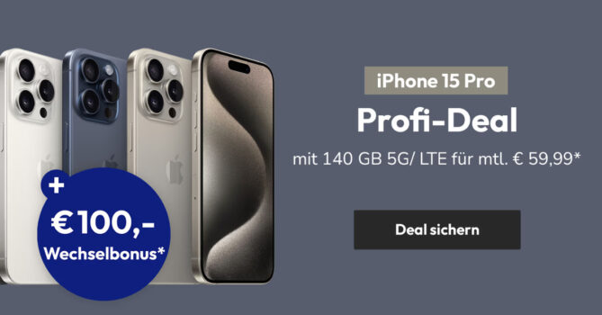 Apple iPhone 15 Pro für 79,95€ Zuzahlung mit 140GB 5GLTE & 100 Euro Wechselbonus bei Rufnummermitnahme nur 59,99 Euro monatlich