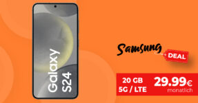 Samsung Galaxy S24 -256GB- für einmalig 59 Euro mit 20GB LTE5G und 100 Euro Wechselbonus bei Rufnummermitnahme nur 29,99 Euro monatlich