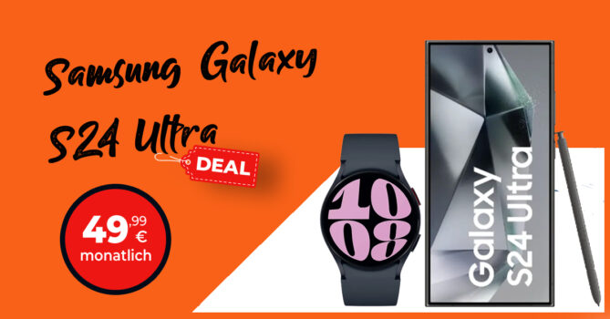 Samsung Galaxy S24 Ultra -512GB- für einmalig 249,99 Euro mit 60GB LTE und 50€ Wechselbonus nur 49,99€ monatlich - 100€ Aufpreis auch mit Galaxy Watch 6 - 100€ Trade-In Bonus