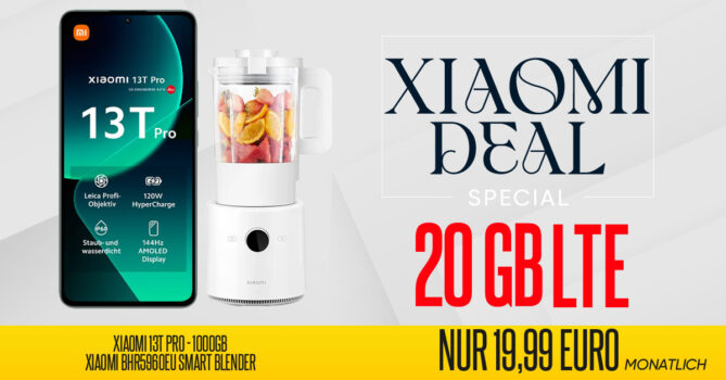 Xiaomi 13T Pro -1TB- & Xiaomi BHR5960EU Smart Blender für einmalig 99 Euro mit 20GB LTE & 50€ Wechselbonus nur 19,99 Euro monatlich