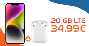 Apple iPhone 14 & Apple AirPods mit Ladecase 2. Gen für einmalig 49 Euro mit 20GB LTE & 50€ Wechselbonus bei Rufnummermitnahme nur 34,99 Euro monatlich