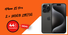 Weekend Deal - o2 Doppelkartenaktion 2x 140GB LTE5G für monatlich 44,98 Euro – Apple iPhone 15 Pro für einmalig nur 199 Euro