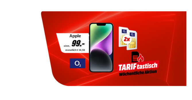 o2 Doppelkartenaktion - Apple iPhone 14 für einmalig 99 Euro mit 2 x 50GB 5GLTE nur 34,98 Euro monatlich