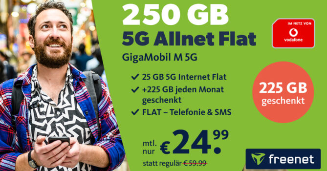 250GB LTE5G Allnet Flat im Vodafone Netz nur 24,99 Euro monatlich