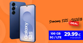 Samsung Galaxy S25 -512GB- für einmalig 99 Euro (+AG 39.99€) mit 100GB und 200 Euro Wechselbonus bei Rufnummernmitnahme nur 29.99 Euro monatlich