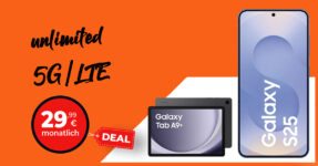 Samsung Galaxy S25 & Galaxy Tab A9+ Wi-Fi für einmalig 79 Euro (+AG 39.99€) mit unlimited Datenvolumen nur 29.99 Euro monatlich