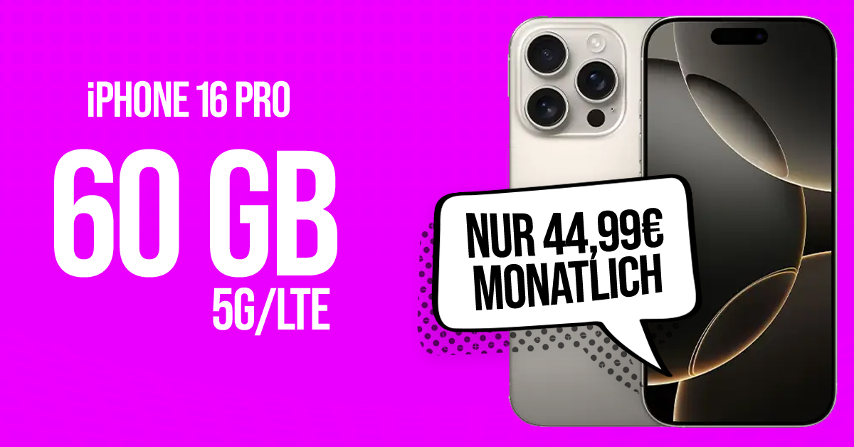 iPhone 16 Pro für einmalig 119 Euro mit 60GB 5G Telekom und 150 Euro Wechselbonus bei Rufnummernmitnahme nur 44.99 Euro monatlich
