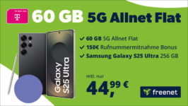 Samsung Galaxy S25 Ultra -256GB- für einmalig 39 Euro mit Telekom Allnet Flat 60GB 5G und 150 Euro Wechselbonus bei Rufnummernmitnahme nur 44.99 Euro monatlich