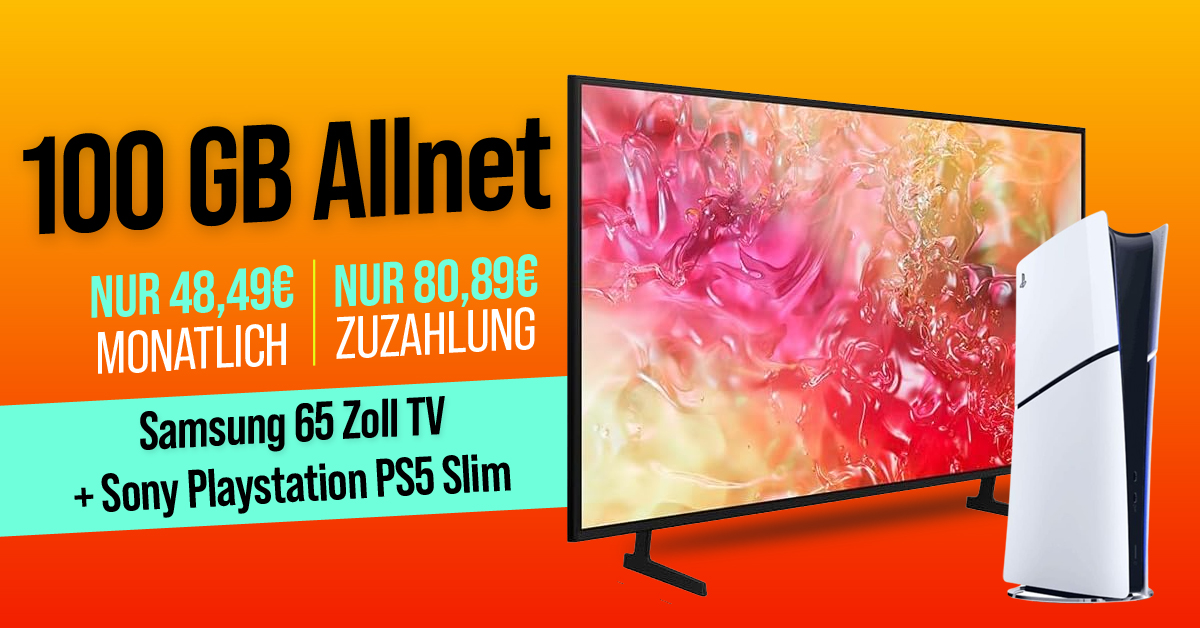 Samsung UHD 65 Zoll TV & PlayStation 5 Digital Slim für einmalig 80.89 Euro mit 100GB 5G Allnet Flat nur 48.49 Euro monatlich