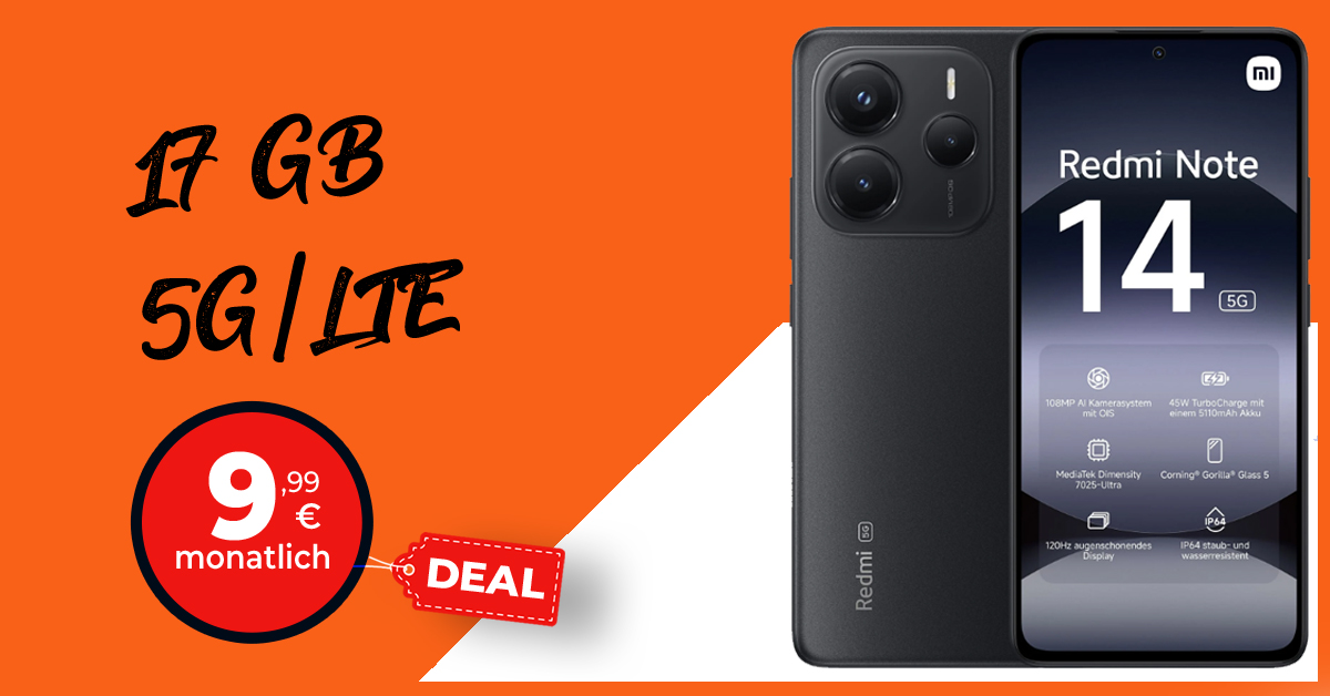 Xiaomi Redmi Note 14 5G für einmalig 29 Euro (+AG 39.99€) mit 17GB nur 9.99 Euro monatlich
