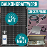 Balkonkraftwerk 820W Komplettpaket mit 800 Watt Wechselrichter und 3 Meter Hausanschlusskabel für nur 511 Euro